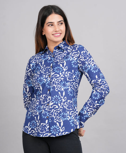 House of RP Women's Blue Cotton Floral Printed Casual Shirt | Swadesiicart