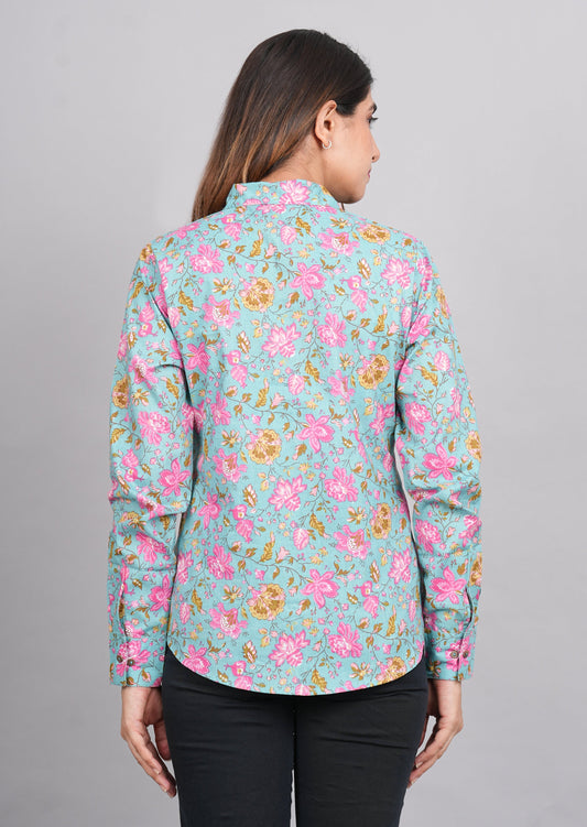 House of RP Women's Green Cotton Floral Printed Casual Shirt | Swadesiicart