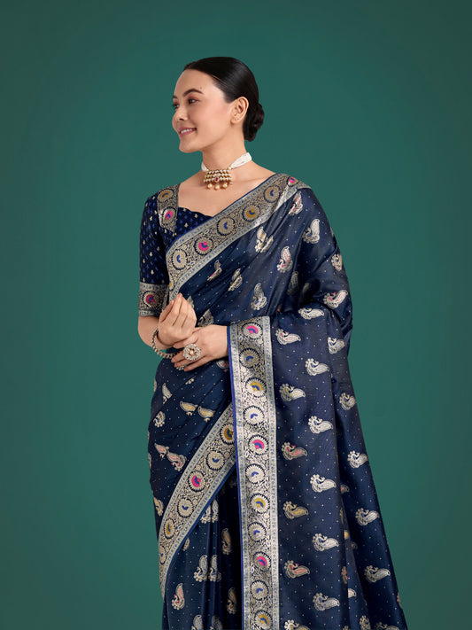 Monjolika Fashion Blue Color Festival Wear Banarasi Satin Silk Designer Zari Weaving Saree | Swadesiicart
