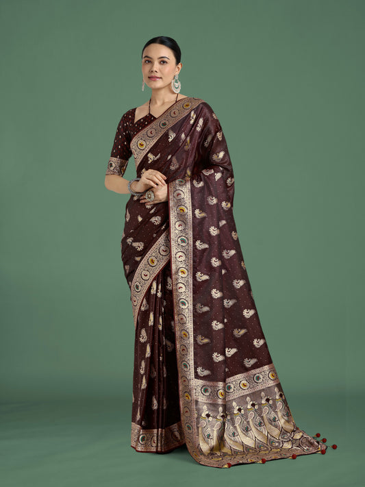 Monjolika Fashion Maroon Color Festival Wear Banarasi Satin Silk Designer Zari Weaving Saree | Swadesiicart