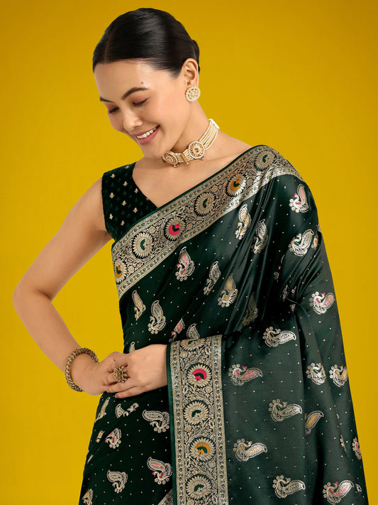 Monjolika Fashion Dark Green Color Festival Wear Banarasi Satin Silk Designer Zari Weaving Saree | Swadesiicart