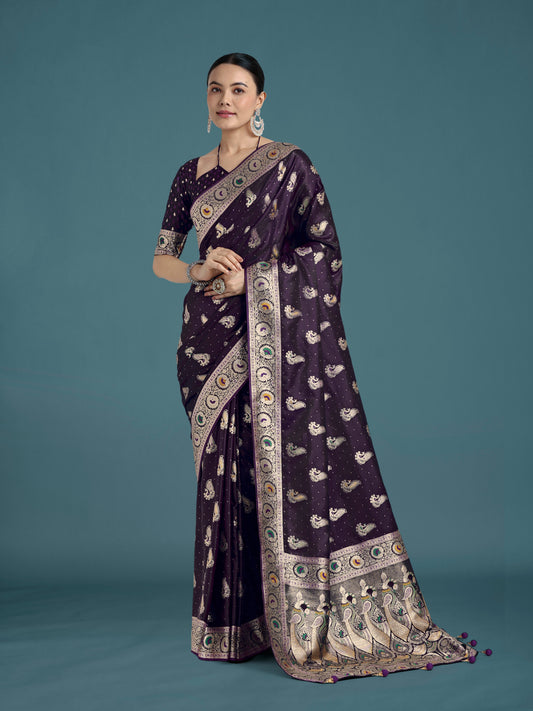 Monjolika Fashion Purple Color Festival Wear Banarasi Satin Silk Designer Zari Weaving Saree | Swadesiicart