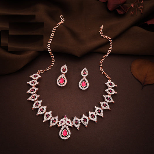 Tehzeeb Creations Pink Colour Ad Studded Necklace Jewellery Set With Matching Earrings For Women And Girls - Swadesiicart