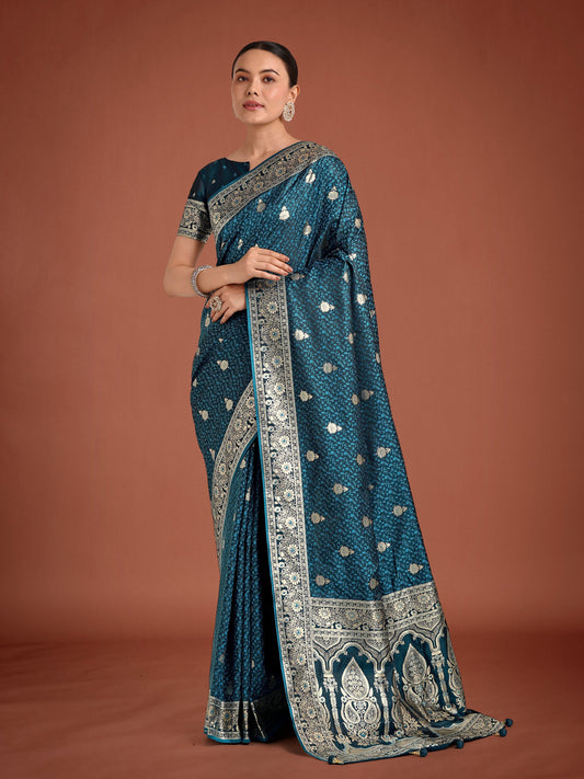 Monjolika Fashion Dark Teal Banarasi Satin Silk Saree with Intricate Zari Work with Rich Weaving Pattern | Swadesiicart