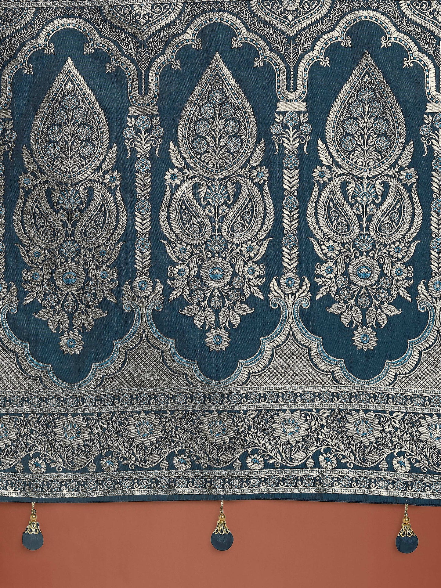Monjolika Fashion Dark Teal Banarasi Satin Silk Saree with Intricate Zari Work with Rich Weaving Pattern | Swadesiicart