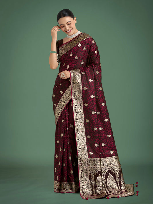 Monjolika Fashion Maroon Banarasi Satin Silk Saree with Intricate Zari Work with Rich Weaving Pattern | Swadesiicart