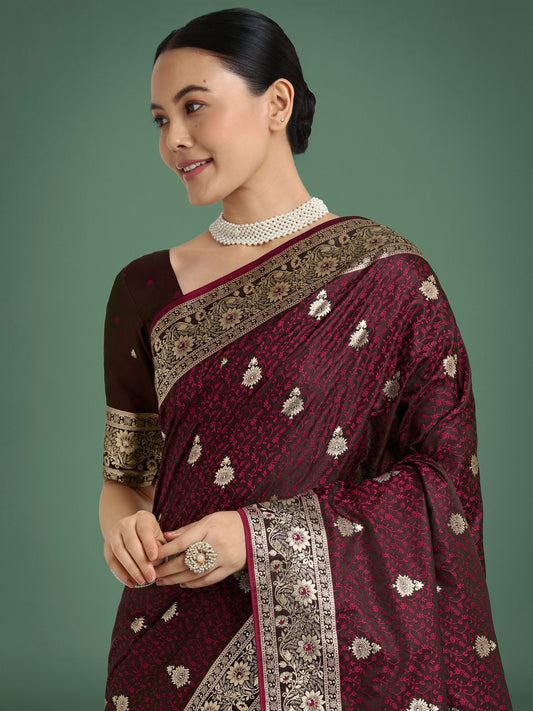 Monjolika Fashion Maroon Banarasi Satin Silk Saree with Intricate Zari Work with Rich Weaving Pattern | Swadesiicart