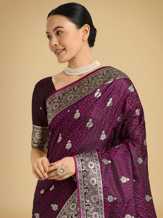 Monjolika Fashion Wine Banarasi Satin Silk Saree with Intricate Zari Work with Rich Weaving Pattern | Swadesiicart