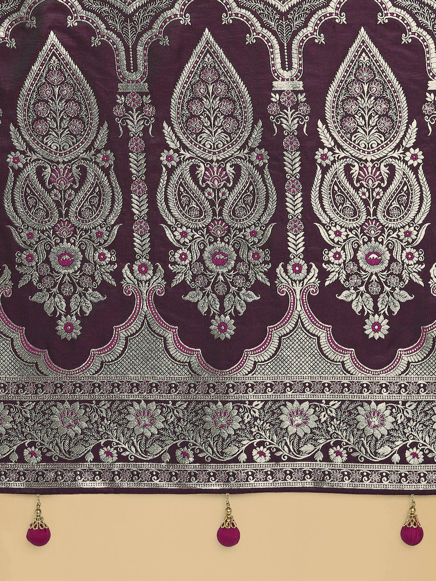 Monjolika Fashion Wine Banarasi Satin Silk Saree with Intricate Zari Work with Rich Weaving Pattern | Swadesiicart