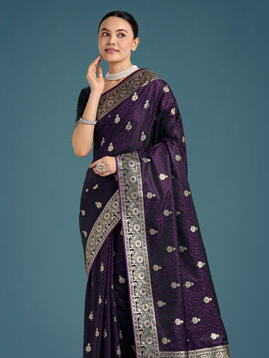 Monjolika Fashion Purple Banarasi Satin Silk Saree with Intricate Zari Work with Rich Weaving Pattern | Swadesiicart