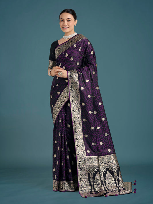 Monjolika Fashion Purple Banarasi Satin Silk Saree with Intricate Zari Work with Rich Weaving Pattern | Swadesiicart