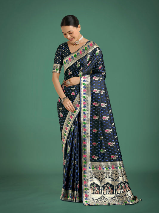 Monjolika Fashion Dark blue With Gold Bordar Banarasi Zari Woven Satin Saree | Swadesiicart