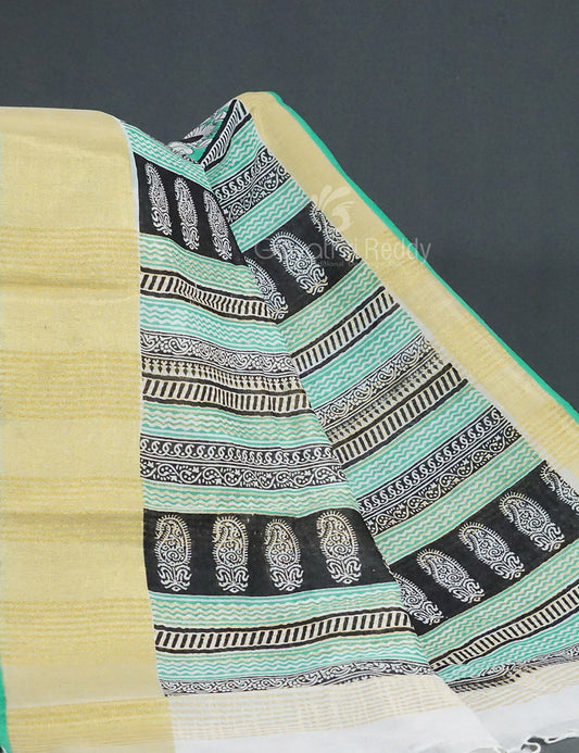 Gleaming Sea Green Kalamkari Cotton Linen Printed Saree By Gayathri Reddy Designer Studio | Swadesiicart