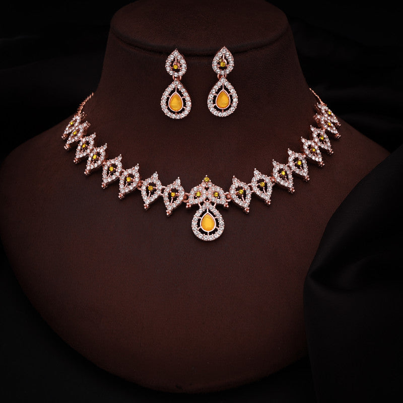 Tehzeeb Creations Yellow Colour Ad Studded Necklace Jewellery Set With Matching Earrings For Women And Girls - Swadesiicart
