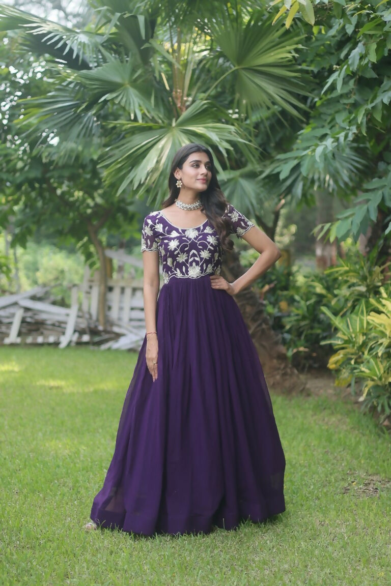 Jyoti Fashion Women's Purple Sequins Embroidered Faux Georgette Anarkali Dress | Swadesiicart