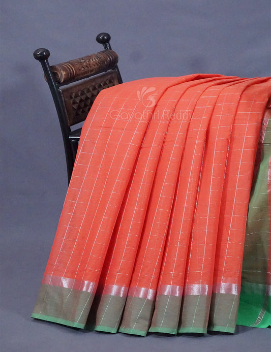 Dual Shade of Tomato Peach And Aqua Green Pure Mangalgiri Cotton By Gayathri Reddy Designer Studio | Swadesiicart
