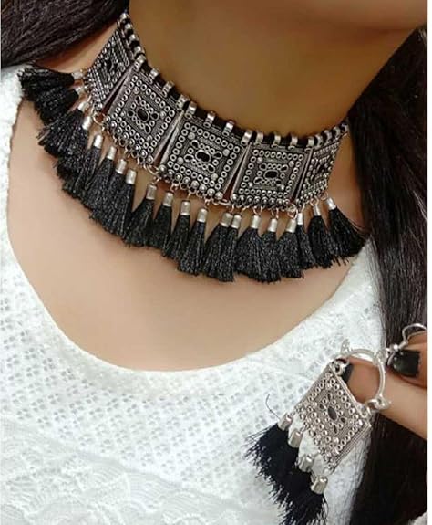 Tehzeeb Creations Women's Silver Colour Oxidised Necklace And Earrings With Black Yarn Design - Swadesiicart