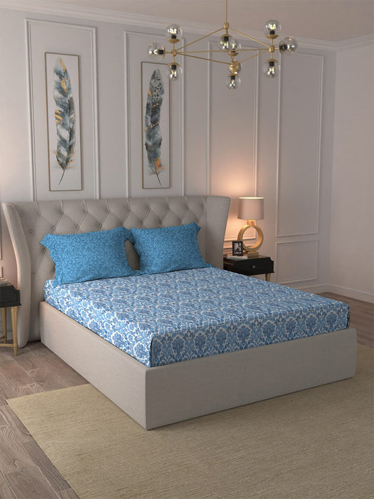 MYTRIDENT Blue White Ethnic Motifs Pure Cotton 120 TC Queen Bedsheet With 2 Pillow Covers - Swadesiicart
