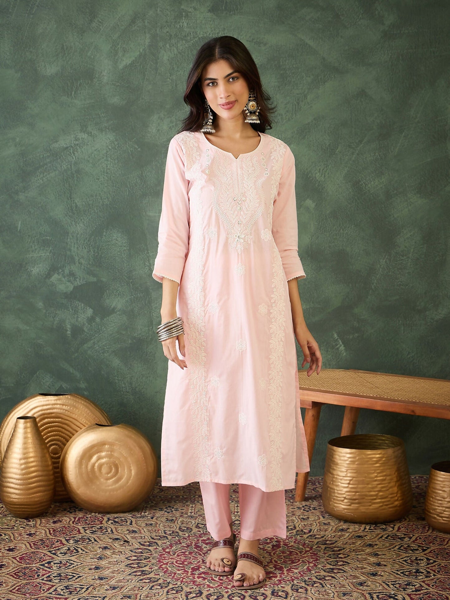 The52 Baby pink Women's Gorgeous Cotton Blend Fabric Thread Work Straight Kurta, Pant and Dupatta Set - Swadesiicart