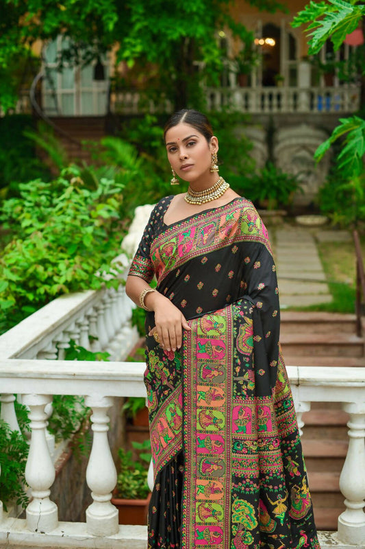 Vishnu Weaves Women's Black Banarasi Silk Kashmiri Woven Saree with Blouse - Swadesiicart