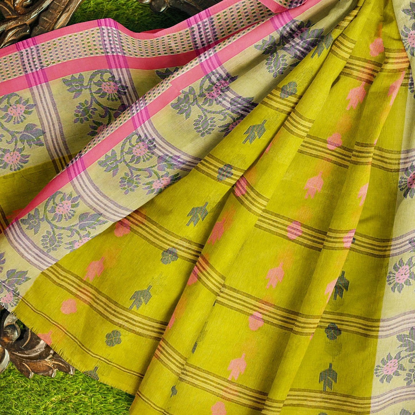 Exclusive Collection 100% Pure Cotton Olive Tant Saree With Hand Weaving Work - Swadesiicart