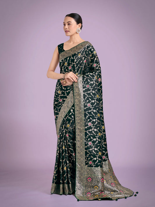 Monjolika Fashion Dark Green Zari Woven Banarasi Classic Satin Silk Saree | Swadesiicart