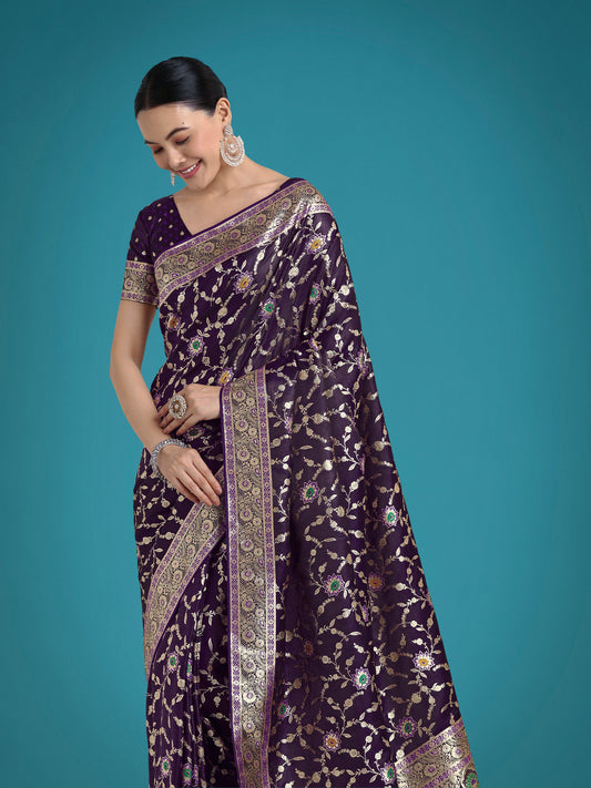 Monjolika Fashion Dark Purple Zari Woven Banarasi Classic Satin Silk Saree | Swadesiicart
