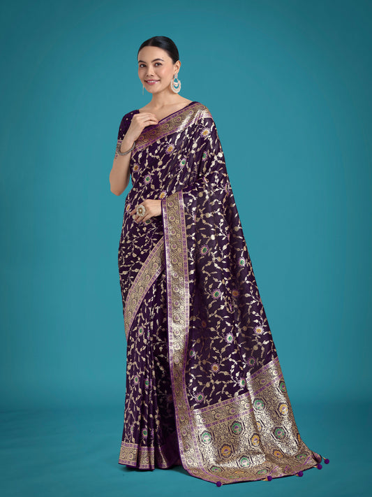 Monjolika Fashion Dark Purple Zari Woven Banarasi Classic Satin Silk Saree | Swadesiicart
