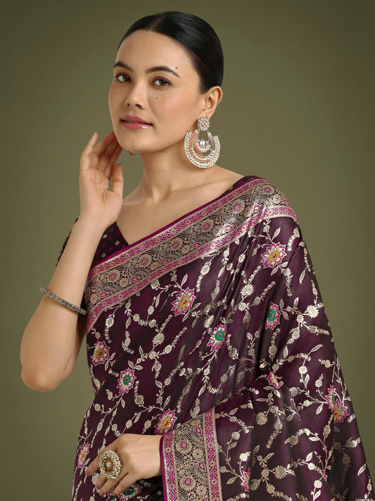 Monjolika Fashion Wine Zari Woven Banarasi Classic Satin Silk Saree | Swadesiicart