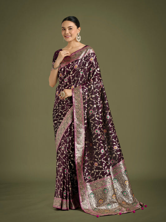 Monjolika Fashion Wine Zari Woven Banarasi Classic Satin Silk Saree | Swadesiicart