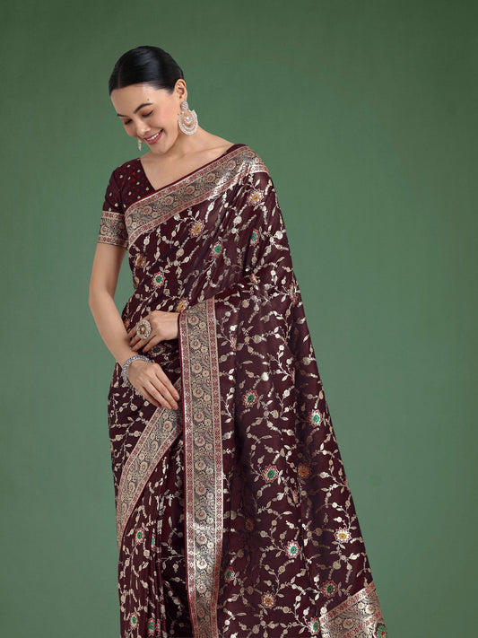 Monjolika Fashion Maroon Zari Woven Banarasi Classic Satin Silk Saree | Swadesiicart