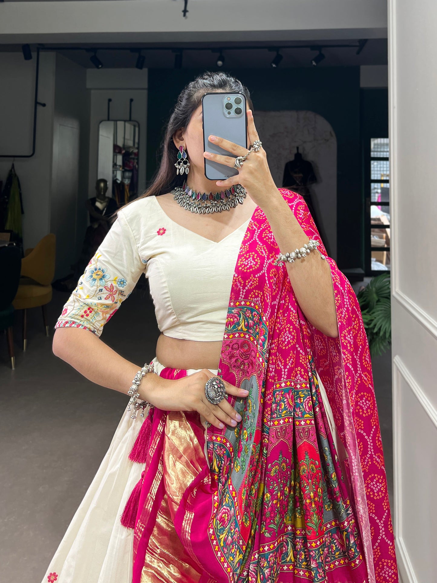 Lorenvalley Off White Khadi cotton Sequins And Thread Embroidery Work Lehenga Choli | Swadesiicart