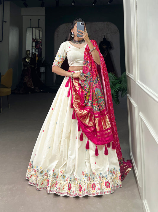 Lorenvalley Off White Khadi cotton Sequins And Thread Embroidery Work Lehenga Choli | Swadesiicart