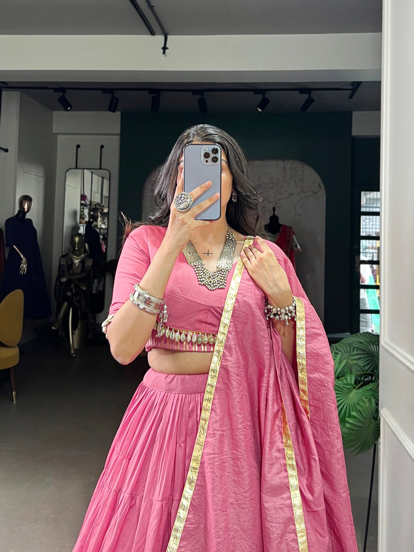 Lorenvalley Pink Pure Chanderi Plain Lehenga Choli Cowrie (Kodi) Lace Touch Up with Dupatta | Swadesiicart