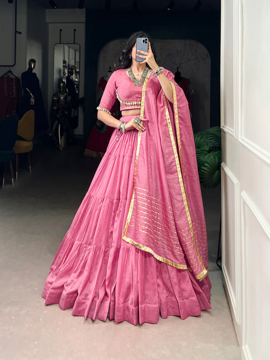 Lorenvalley Pink Pure Chanderi Plain Lehenga Choli Cowrie (Kodi) Lace Touch Up with Dupatta | Swadesiicart