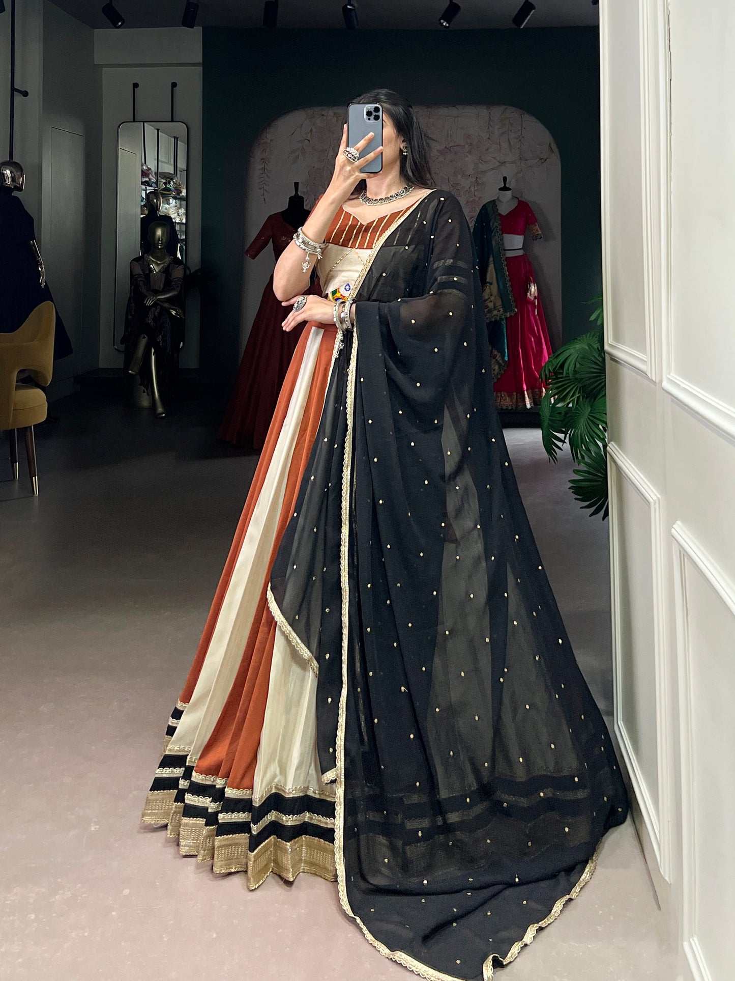 Lorenvalley Cream Chinon Sequins Lace Touch Up Lehenga Choli with Dupatta | Swadesiicart