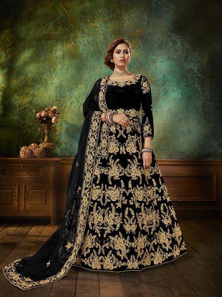 Myra Black Velvet Embroidered Anarkali Suit | Swadesiicart