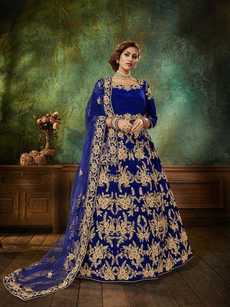 Myra Blue Velvet Embroidered Anarkali Suit | Swadesiicart