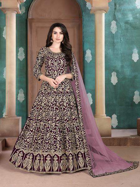 Myra Wine Georgette Embroidered Anarkali Suit | Swadesiicart