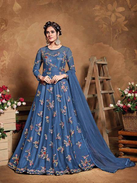 Myra Royal Blue Butterfly Net Embroidered Anarkali Suit | Swadesiicart