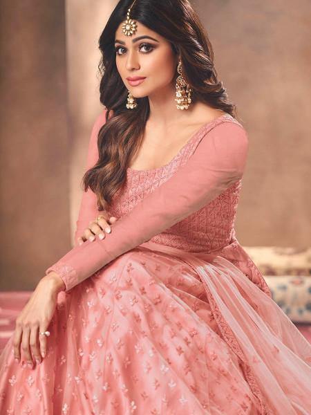 Myra Beautiful Dusty Pink Butterfly Net Embroidered Anarkali Suit | Swadesiicart
