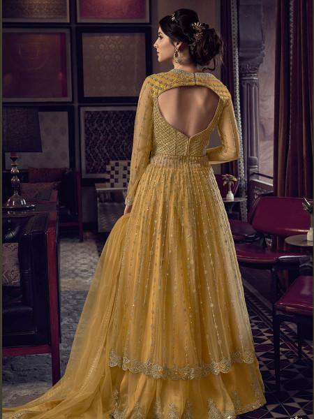 Myra Mustard Yellow Embroidered Butterfly Net Anarkali Suit | Swadesiicart