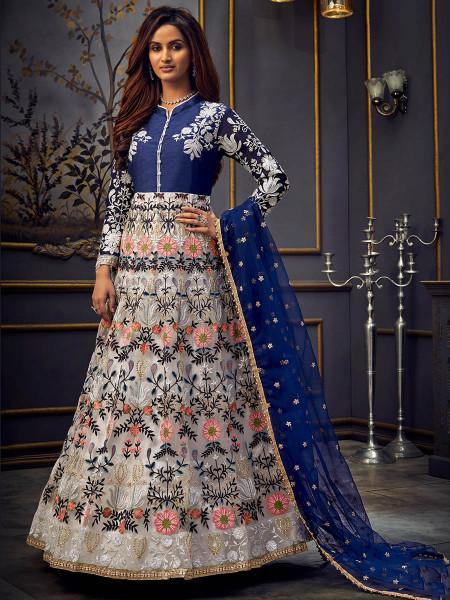 Myra Blue Butterfly Net Embroidered Anarkali Suit | Swadesiicart