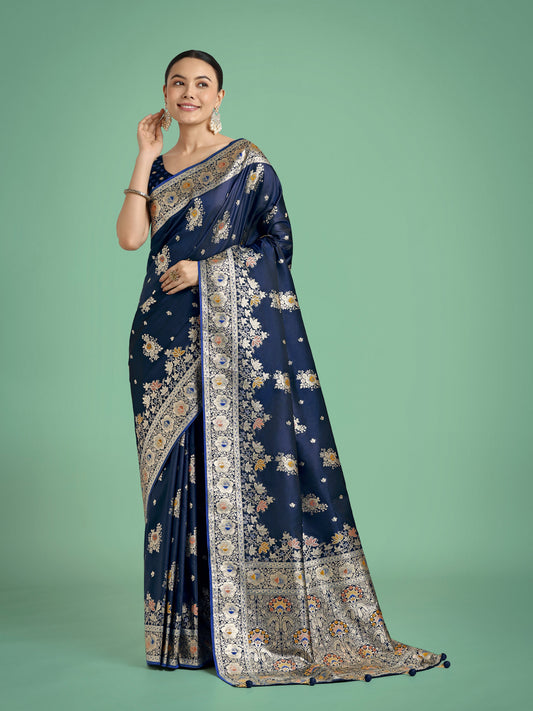 Monjolika Fashion Dark blue Glamour and Tradition With This Zari Woven Banarasi Satin Silk Saree | Swadesiicart