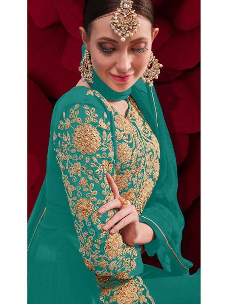 Myra Sky Blue Georgette Embroidered Anarkali Pant Style Suit | Swadesiicart