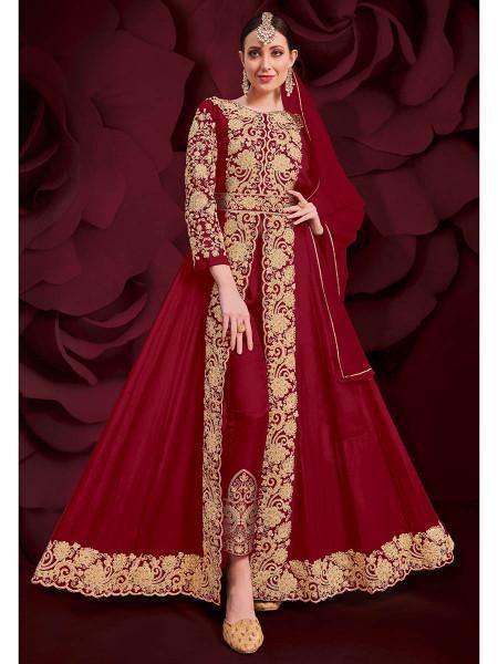 Myra Maroon Georgette Embroidered Anarkali Pant Style Suit | Swadesiicart