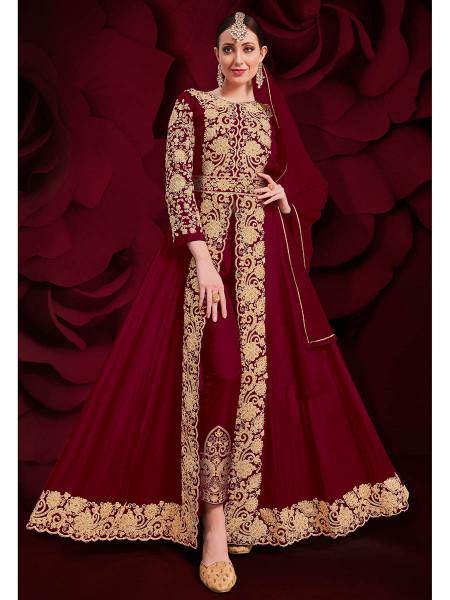 Myra Wine Georgette Embroidered Anarkali Pant Style Suit | Swadesiicart