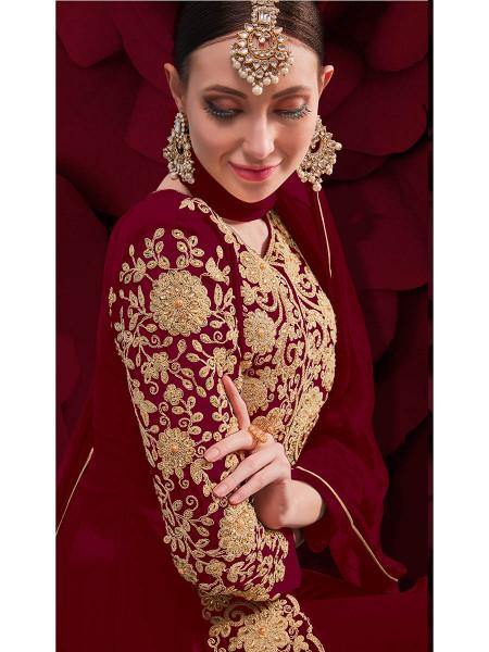 Myra Wine Georgette Embroidered Anarkali Pant Style Suit | Swadesiicart