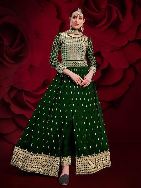 Myra Green Georgette Embroidered Anarkali Pant Style Suit | Swadesiicart