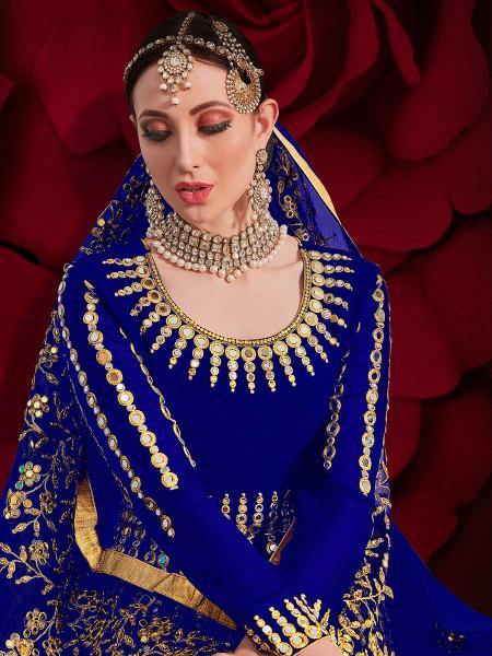 Myra Royal Blue Georgette Embroidered Anarkali Pant Style Suit | Swadesiicart